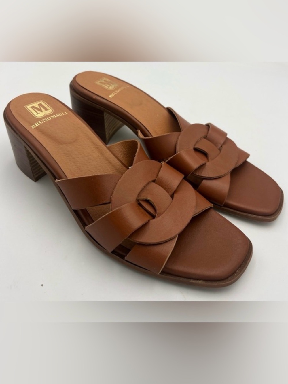 BRUNO MAGLI ARIA Block Heel Brown Leather Slide size 39.5 ( 8.5)